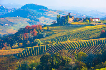 Autumn landscape - beautiful colorful vineyards of Piedmont wine region of Italy. view of Barolo village with castle, province of Cuneo