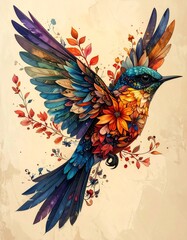 Colorful hummingbird with floral details