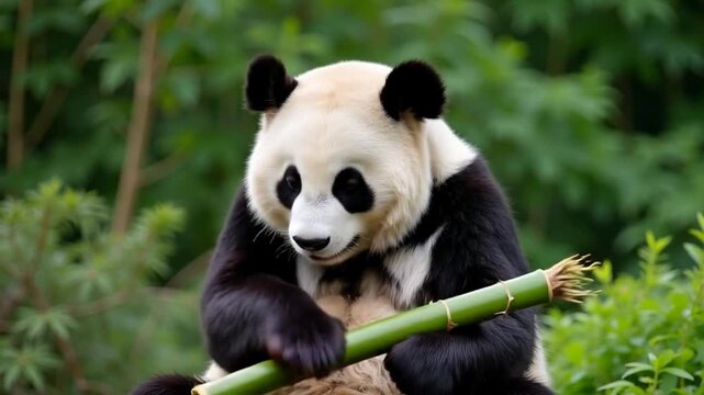 Watch this adorable giant panda munching on bamboo, a delightful moment of nature's charm and peaceful wildlife in action!