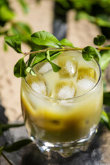 A vibrant, refreshing iced matcha drink served in a glass with ice cubes and garnished with fresh green leaves. Perfect for a summer day.