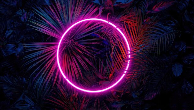A vibrant, glowing neon pink circle frames a tropical foliage backdrop, bathed in rich colors.
