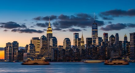 New York City Skyline at Dusk with Ferry Boats.