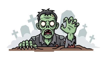 Zombie from the Grave: A spooky zombie emerges from its grave, eyes glowing, reaching towards the viewer in a cartoonish illustration of undead horror. 