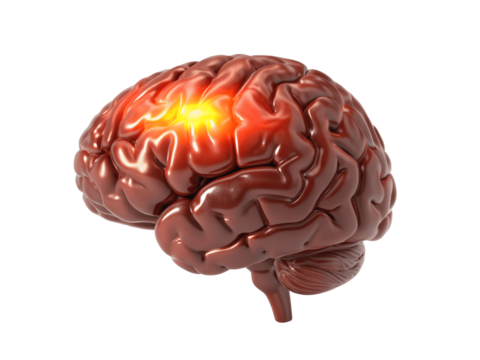 Brain with highlighted area isolated on transparent background
