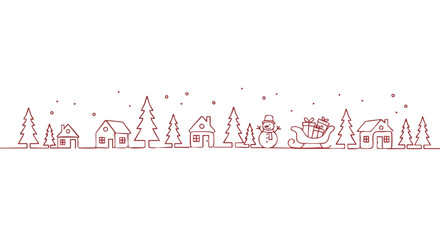 Charming minimalist Christmas village scene with festive trees, cozy homes, a cheerful snowman, and a gift-laden sleigh in delightful red outline