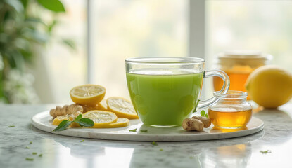 Refreshing Green Drink with Lemon, Ginger, and Honey on a Marble Tray
