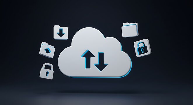 Cloud computing concept with upload and download arrows and various icons like folder and lock, representing data transfer and security