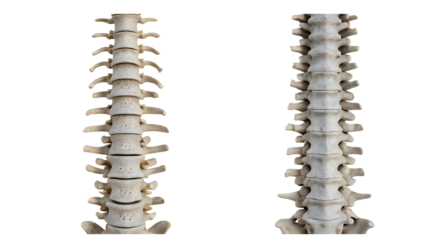 Human spine isolated on transparent background shows vertebrae