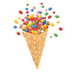 Flat illustration of a waffle cone filled with colorful jellybeans