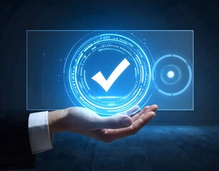 A hand holds a glowing holographic checkmark, set against a dark background.  A digital interface shows the symbol
