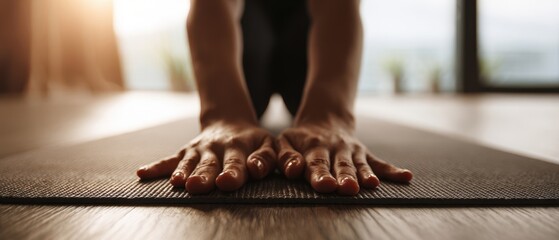 The Yoga Hands Reaching Forward on a Mat in Warm Natural Light
