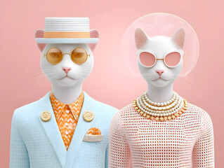  Portrait, Two cats are getting married, celebrating wedding moment, one sporting bridal veil, other dressed in tuxedo, depicting playful feline matrimonial scene,