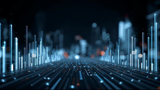 Digital Matrix: Abstract, futuristic rendering of an illuminated, networked data matrix, showcasing a deep blue, data-driven digital landscape, hinting at advanced technology and connectivity.