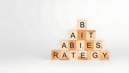 Obraz premium A pyramid structure made from geometric wooden blocks on a minimal background.