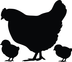Mother hen with chicks silhouette farm animal family vector