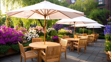 Serene outdoor dining area with wooden tables and umbrellas surrounded by vibrant blooming flowers in spring