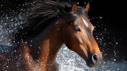 Brown horse shaking its head and mane, water droplets creating a dynamic effect against a dark background