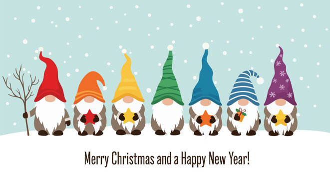 Festive Christmas gnomes in colorful hats wishing merry Christmas and happy new year, perfect for holiday greetings and cheerful winter projects
