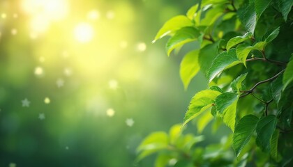 Obraz premium Bright green leaves on tree branch, blurred bokeh. Rich foliage in sunlight, vibrant spring nature background. Fresh leaf, garden, forest backdrop with sun and star-shaped flares.