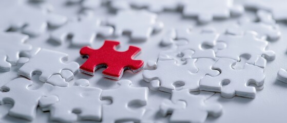The Puzzle Piece Red Accent Isolated Among Scattered White Jigsaw Pieces