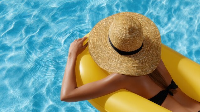 Relaxing tourist wearing straw hat lounging on yellow pool inflatable during sunny summer getaway