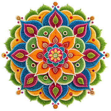 Colorful Floral Mandala Made of Flowers and Leaves on Black rangoli white