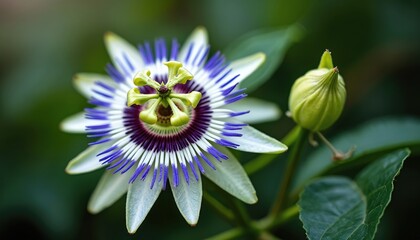 Close-up passionflower blossom and bud. Purple, white, blue, magenta colors. Botanical beauty. Perfect for eco, exotic travel, nature, garden, flora, flower design.