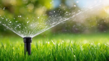 Close up automatic sprinkler watering lush green lawn, creating refreshing summer garden environment with hydrating spray