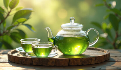 Refreshing Green Tea in a Glass Teapot and Cups Outdoors