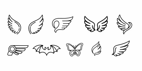 Set of wings outline icon vector illustration. Angel wings, butterfly and bat wings isolated on white background.