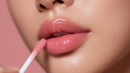 Naklejka premium Makeup brush applying glossy pink lipstick, revealing smooth texture and vivid color against soft pastel backdrop