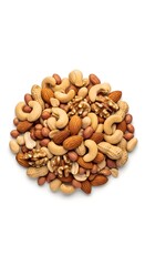 A circular pile of mixed nuts, including cashews, almonds, walnuts, and peanuts, on a bright white background