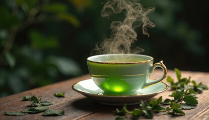 Aromatic green tea cup steaming on a wooden table