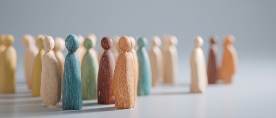 The wooden figures in pastel colors representing diverse community, teamwork and unity concepts