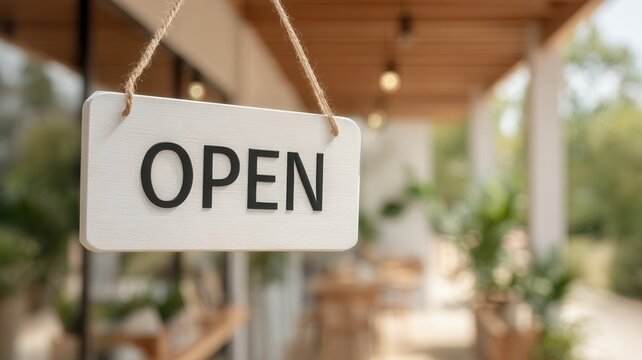 White open sign dangling from rope, signaling welcoming cafe environment with soft focused interior backdrop