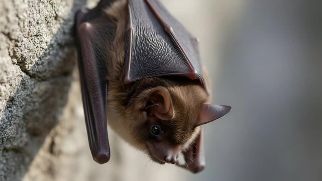 Closeup brown bat hanging upside down on textured rock wall wildlife portrait.