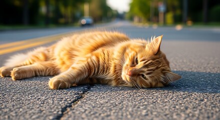 Orange Tabby Cat Relaxing on Asphalt Road.