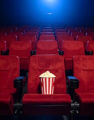 Empty movie theater auditorium with a popcorn bucket