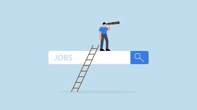 Looking for new job, businessman ascends the job search ladder with binoculars to spot opportunities