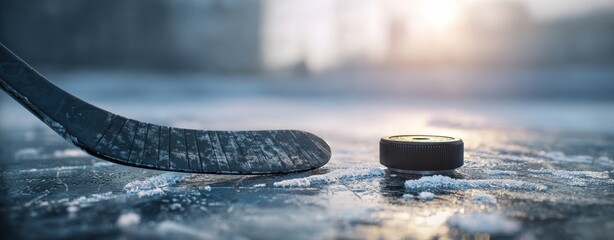 The hockey puck and stick poised for an exciting game on the ice.