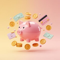 A cute pink piggy bank with flying coins, banknotes, and credit cards, representing financial planning and wealth accumulation
