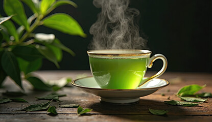 Aromatic Green Tea Cup Steaming on Wooden Table