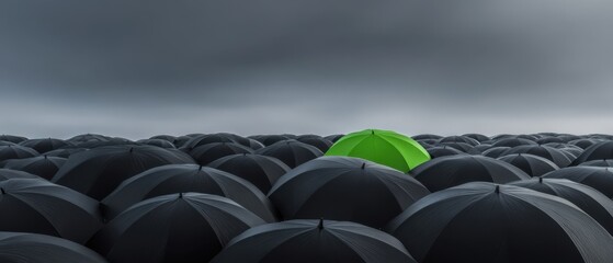 The Green Umbrella Standing Out Among Black Umbrellas Beneath a Moody Overcast Sky