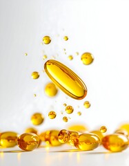 Golden capsule suspended in mid-air, surrounded by bubbles