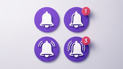Four purple notification bell icons with different notification counts displayed on a light background representing alerts and updates