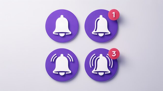 Four purple notification bell icons with different notification counts displayed on a light background representing alerts and updates