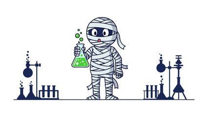Mummy in Laboratory: A cartoon mummy holds a flask of bubbling, neon-green liquid in a laboratory setting, conveying an amusing and mysterious science theme.