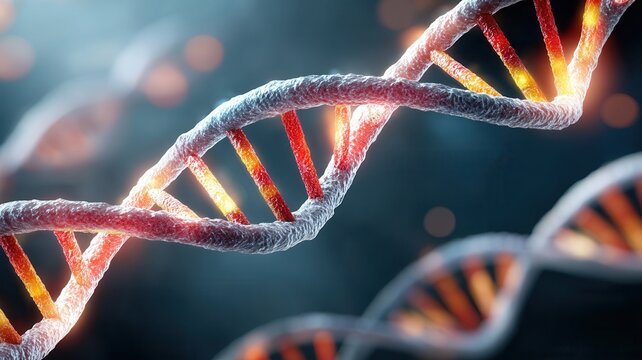 Close up view of glowing dna strands rotating, showcasing genetic information and biological processes