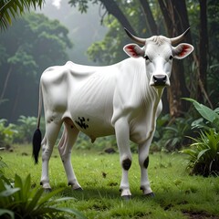 White cow in lush jungle setting