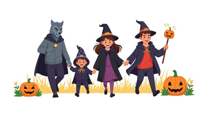 Halloween Gathering: A vibrant Halloween illustration showcasing costumed individuals strolling. Depicting the cheerful ambiance of All Hallow's Eve, with pumpkins, and a festive ensemble. 